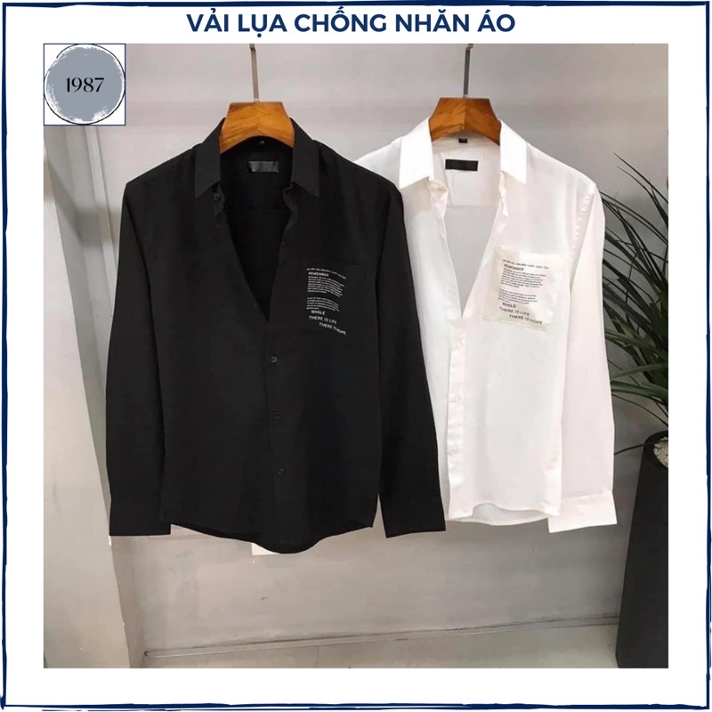 Áo sơ mi nam tay dài vải lụa chống nhăn in hình chữ form chuẩn mặc mát