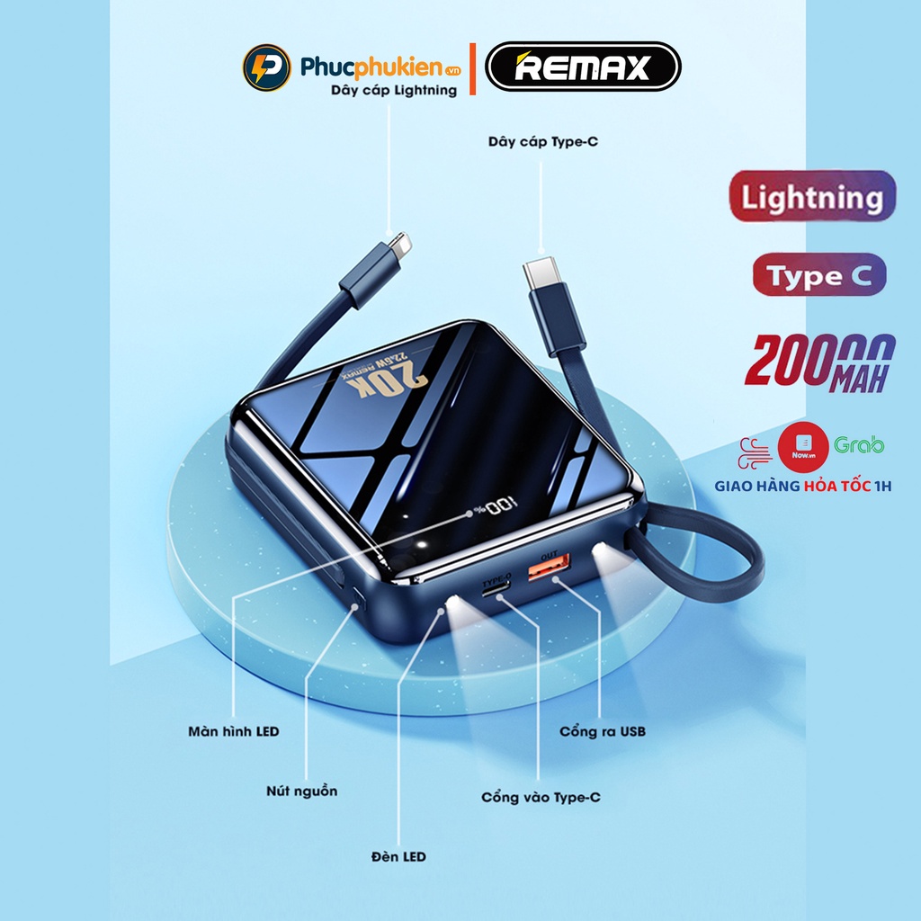 Sạc dự phòng 20000mah chính hãng Remax RPP 51 sạc nhanh iPhone 20w và tích hợp dây sạc iPhone và Type C Phúc Phụ Kiện