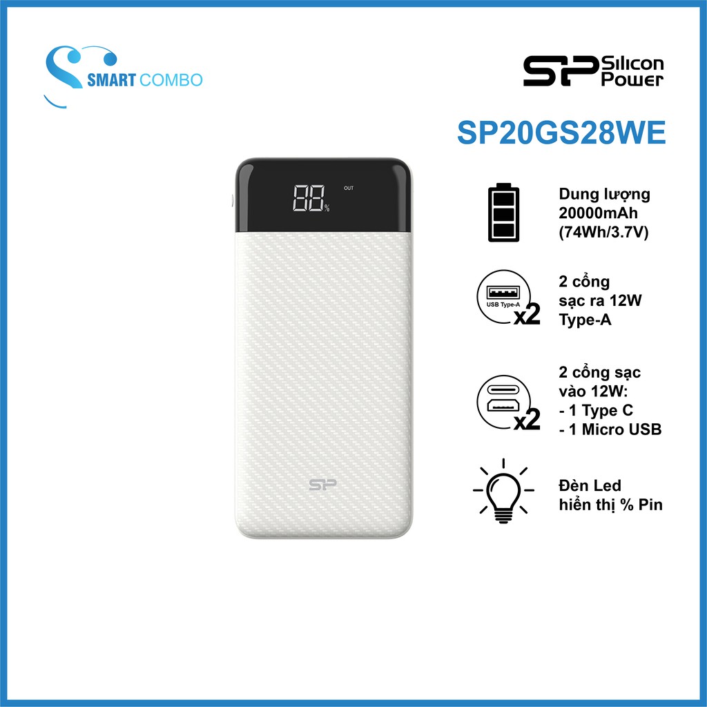 [Mã ELBAU150 giảm 8% đơn 500K] Pin sạc dự phòng Silicon Power - GS28 20.000mAh - Hàng chính hãng