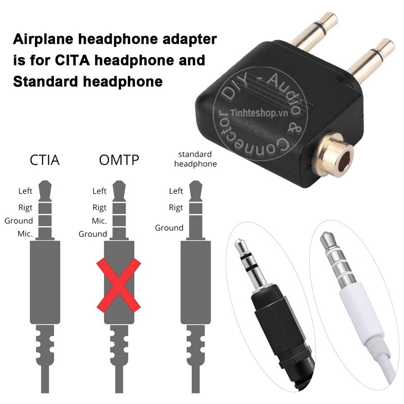 Đầu gộp 2 audio 3.5mm mono vào 1 audio 3.5mm stereo - Jack cắm tai nghe trên máy bay