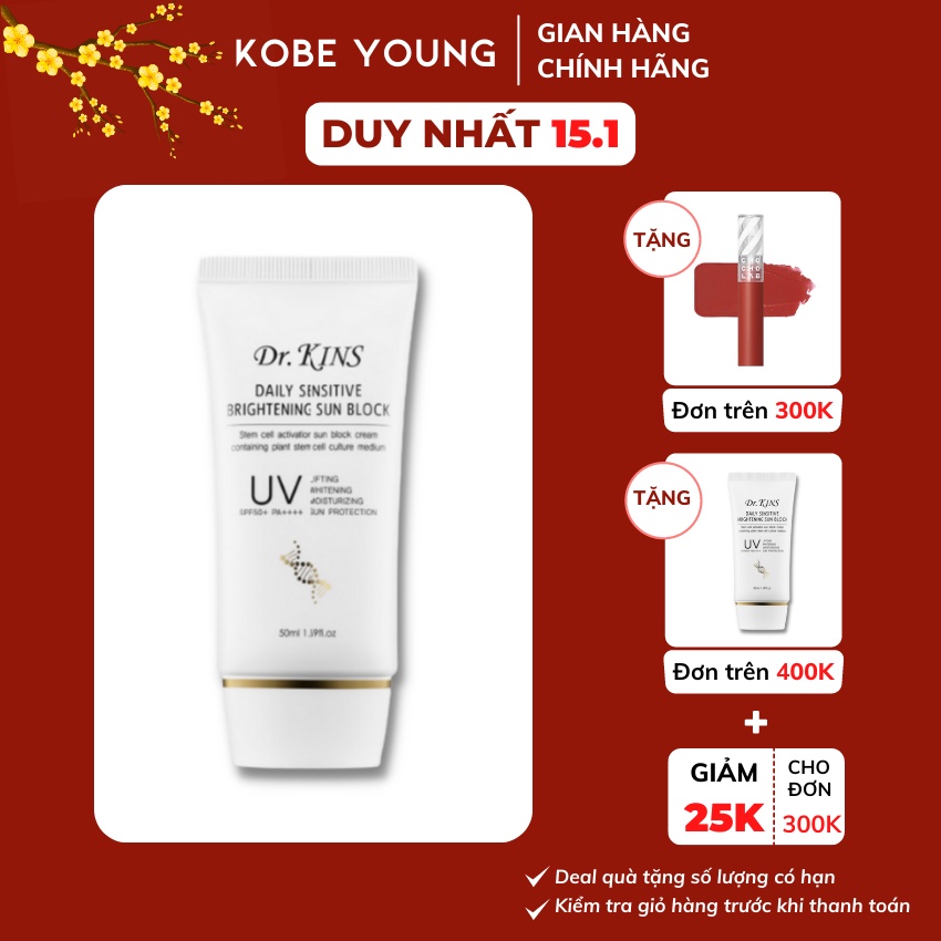 Kem Chống Nắng Tế Bào Gốc Dưỡng Ẩm Chống Nhăn Dr.kins Daily Sensitive Brightening Sun Block 50ml - KOBE YOUNG