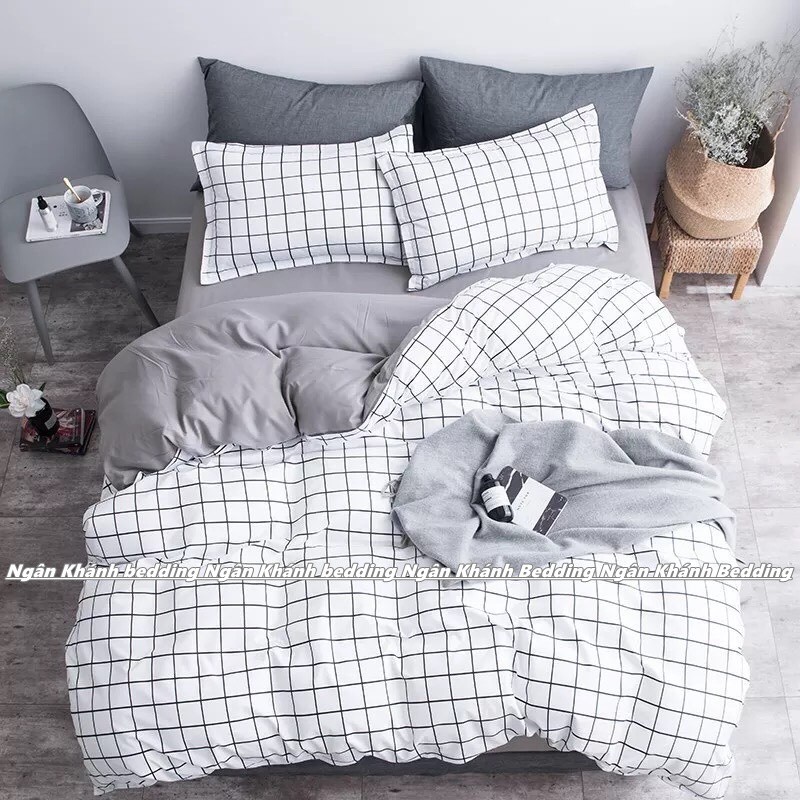 Bộ chăn ga gối ga giường cotton poly Hàn Quốc các mẫu kẻ caro vintage - Ngân Khánh Bedding drap giường