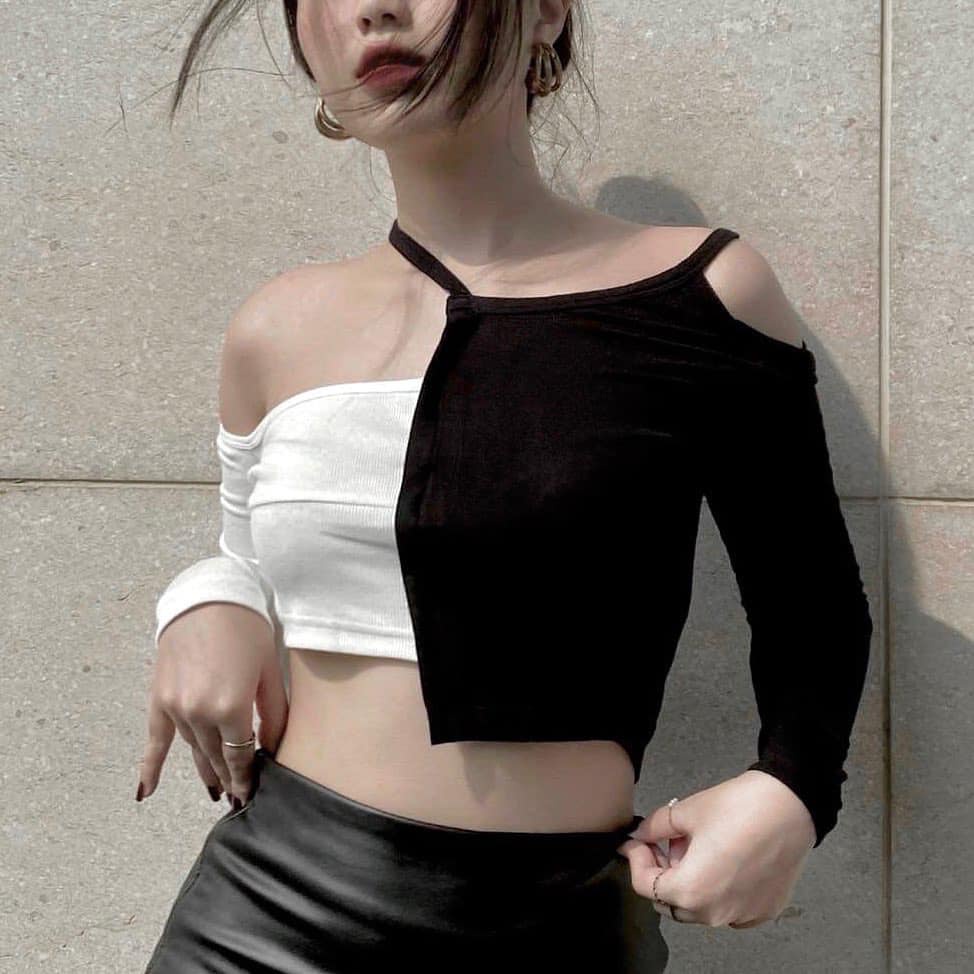 ÁO CROPTOP HAI MÀU TRẮNG ĐEN DÀI TAY CHÍNH HÃNG SAIGOMON