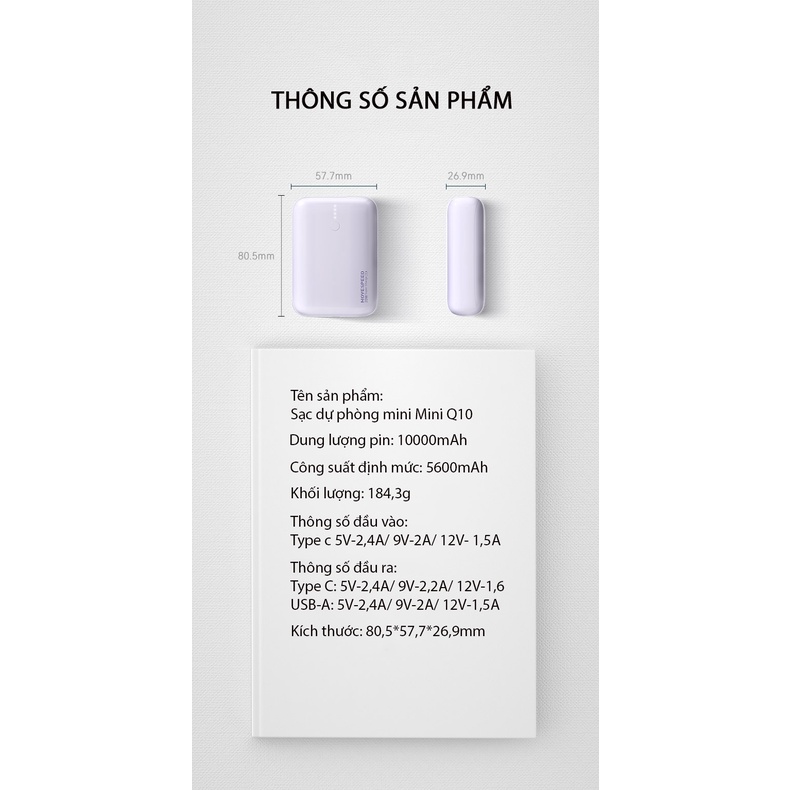 Sạc dự phòng Mini Q10 MOVESPEED 10000MAH sạc nhanh 2 chiều Type C công suất 20W dành cho Iphone, Samsung, Huwei...