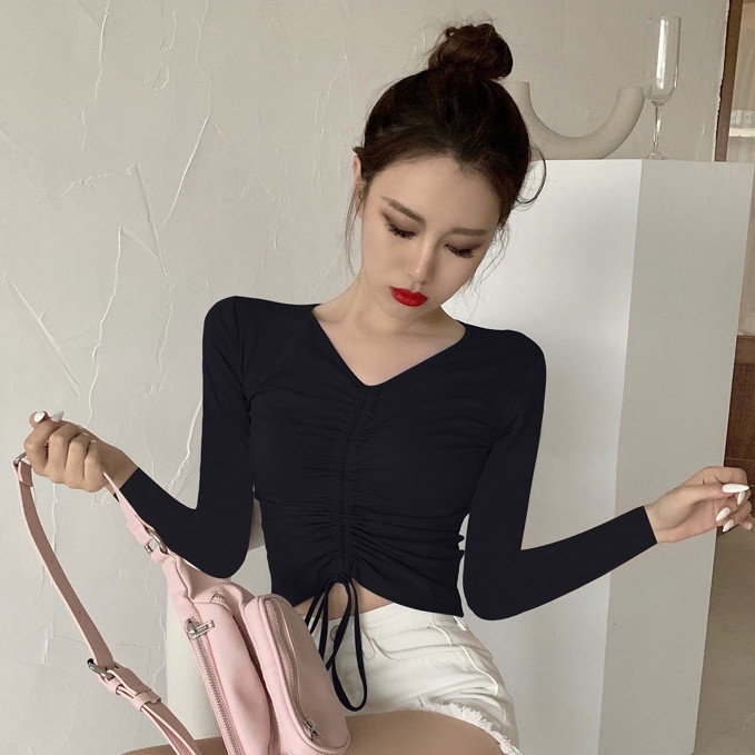 Áo Thun Lửng Tay Dài Cổ Chữ V Eo Cao Phối Dây Rút Gợi Cảm Cho Nữ Áo phông Nữ NZ-TX-322
