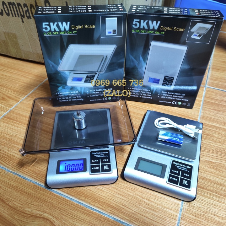 Cân điện tử nhà bếp DH-5KW chính xác cao với các mức cân 500g/0,01g - 3kg/0,1g.Tặng kèm đĩa cân, dây sạc usb và pin aaa