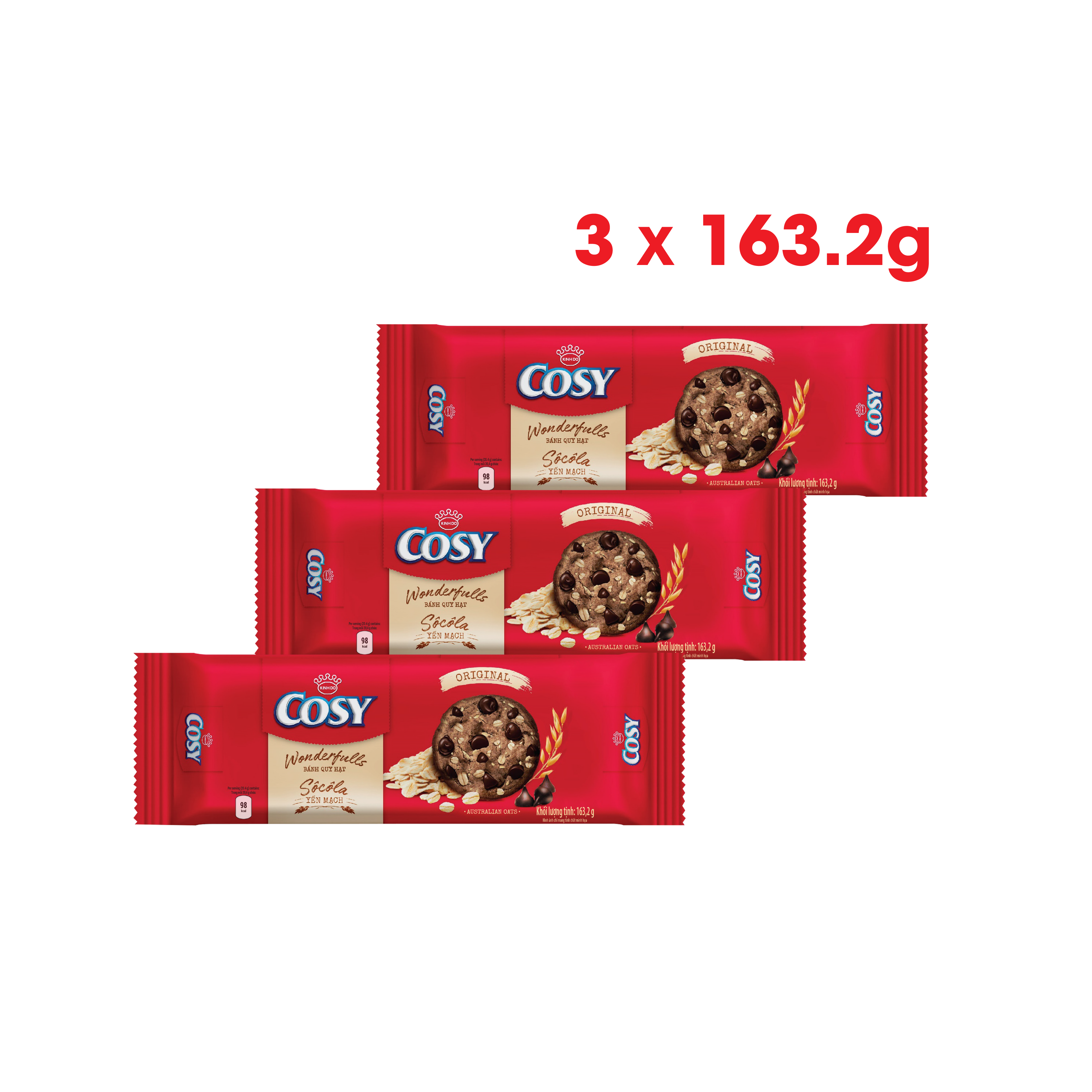  Combo 3 gói bánh quy Cosy Wonderfulls Sôcôla Yến Mạch vị truyền thống, 3x163.2g