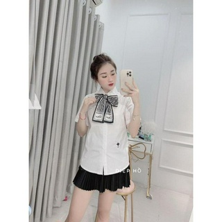 Sơ mi trắng Áo sơ mi cộc cổ bẻ thêu nhấn sườn hàng hót