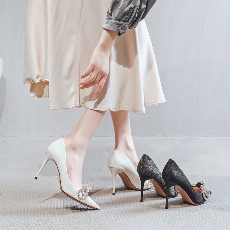 Giày cao gót mũi nhọn phối nơ đính hạt cườm thời trang cho nữ