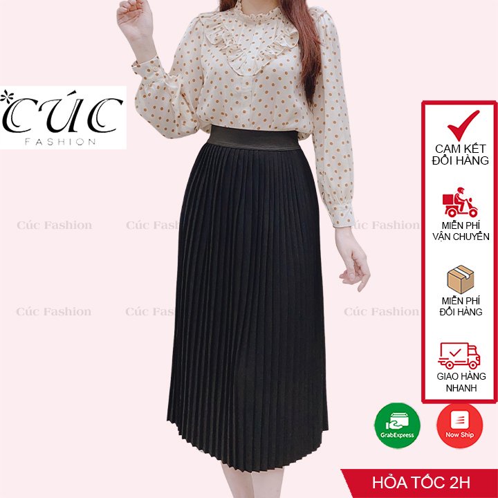 Chân váy xếp ly Cúc Fashion cao cấp dáng dài công sở cạp cao chun co giãn dập li xòe quạt thoải mái CV805