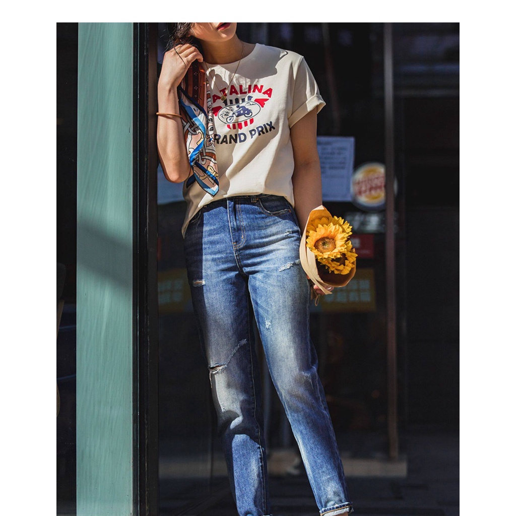 MADEN Quần Jean Rách Dáng Suông Ống Đứng Lưng Vừa Thời Trang Xuân Hè Cho Nữ