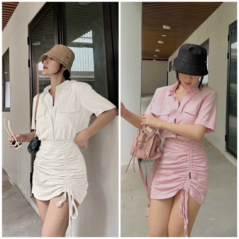 SET ÁO CỔ SƠ MI TÚI NẮP KÈM CHÂN VÁY RÚT DÂY KTGIMI ( Kèm ảnh thật)