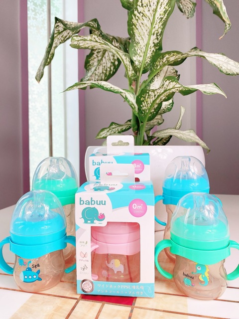 Bình sữa nắp sóng Babu Baby không chứa BPA 90ml,150ml,240ml Nhật Bản( có tặng núm)