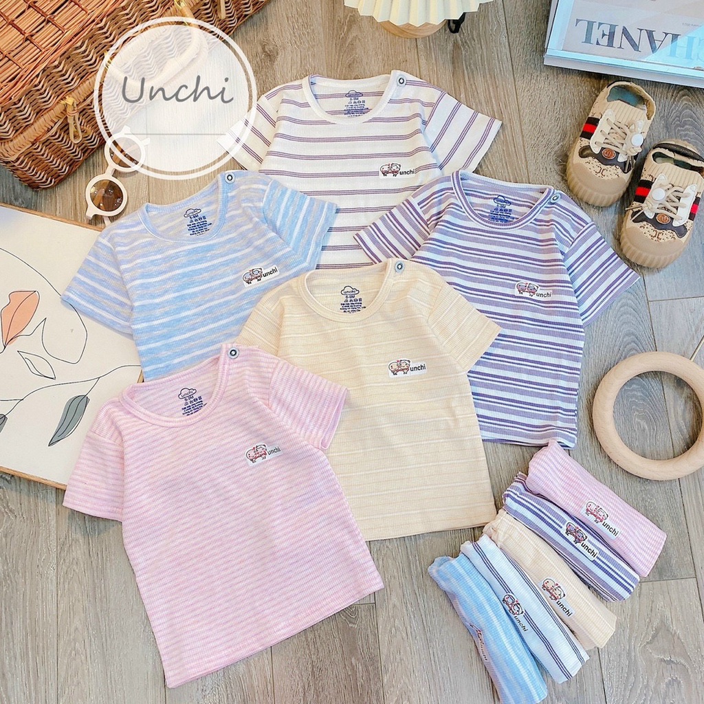 Bộ cộc tay Unchi kẻ CÀI VAI chất COTTON hữu cơ thoáng mát mùa hè cho bé trai bé gái (QATE426)