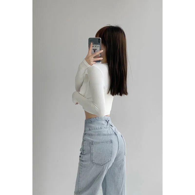 Quần jeans dài ống rộng lưng cao thời trang năng động cho nữ