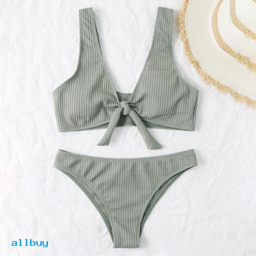 Bộ Đồ Bơi Bikini Hai Mảnh Trễ Vai Co Giãn Màu Trơn Đính Nơ Dành Cho Nữ