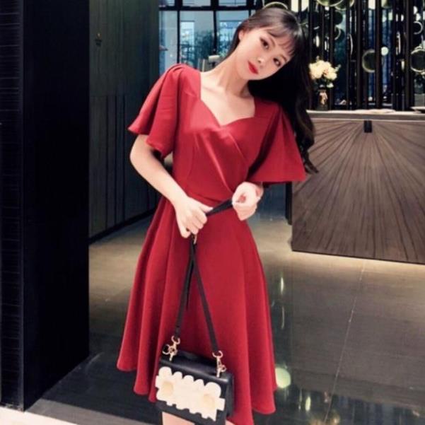 X2 váy mini tay cánh tiên noel đón tết xuân Đầm ngắn xòe đỏ dự tiệc cổ V xếp li eo (kèm hình thật)