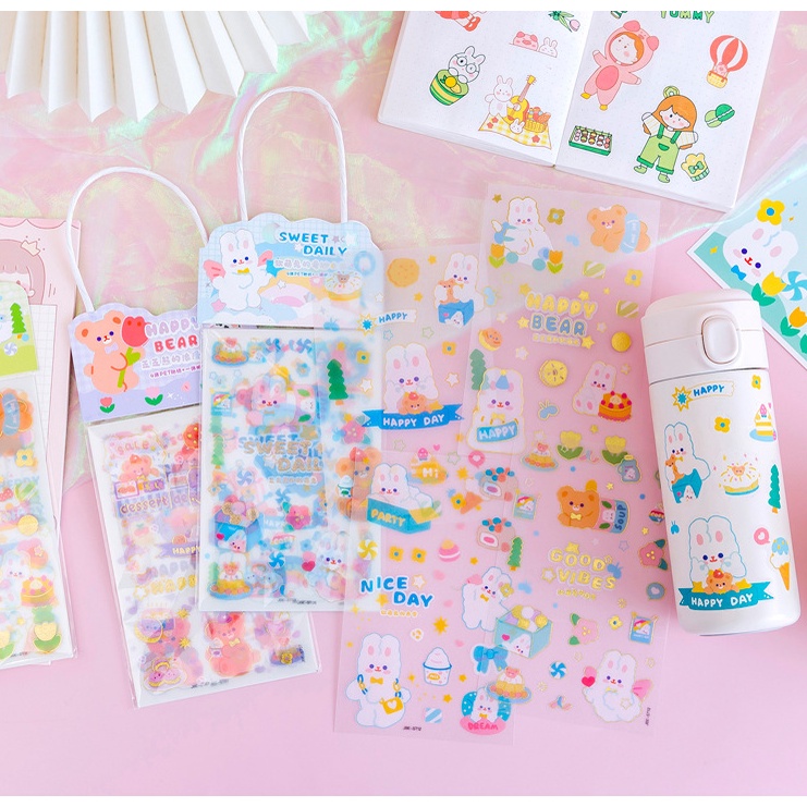 Túi Sticker Có Quai Xách Hình Cô Gái / Thỏ/ Gấu - Set 3 Tấm Sticker Phong Cách Hàn Quốc Siêu Dễ Thương