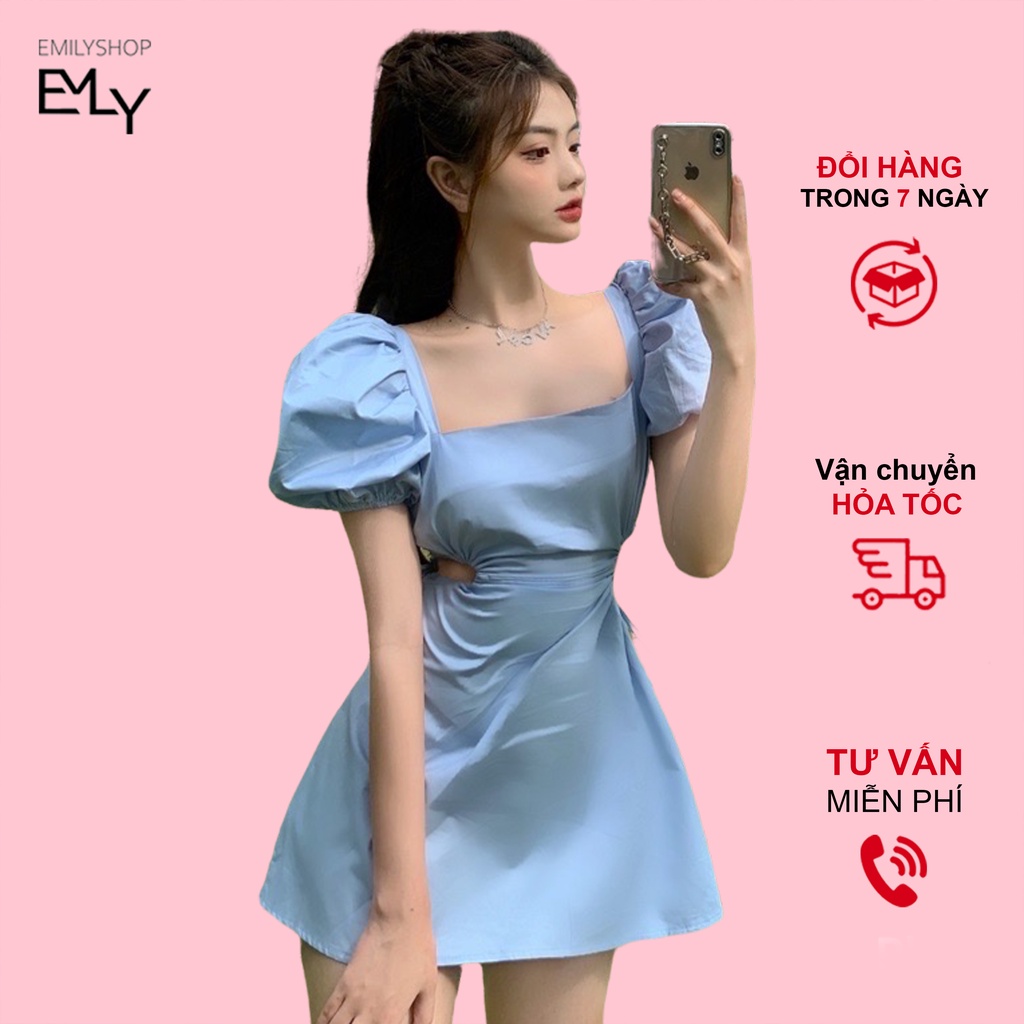 Đầm nữ dáng xòe khoét eo hở lưng tay phồng Emilyshop ullzang