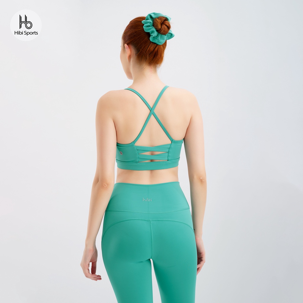 Set đồ tập yoga gym Luxury Hibi Sports H140 đan hai nơ bản to, màu Sea Green kèm mút ngực, chất vải cao cấp Lu Fabric