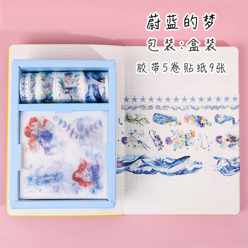 Set Combo Hộp Washi tape và giấy dán Sticker cao cấp họa tiết hoạt hình dễ thương 6 mẫu tại Corgi Shop