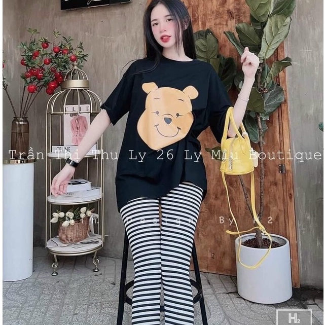 Đồ bộ nữ, set đồ bộ quần legging thun gân borip và áo thun cotton ngắn tay form rộng in gấu, đồ bộ mặc ở nhà