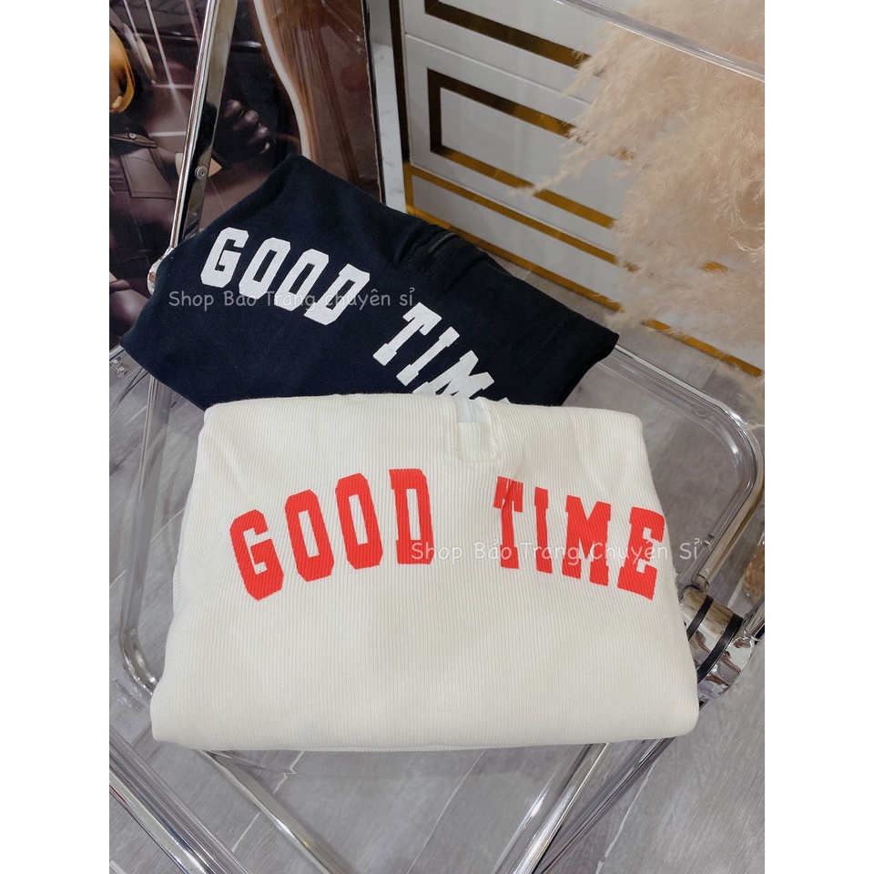 Áo Polo Chất Nỉ Tăm Cổ Bẻ Nam Nữ Phối Cổ Unisex Chữ Good Time Basic Kiểu Dáng Hàn Quốc
