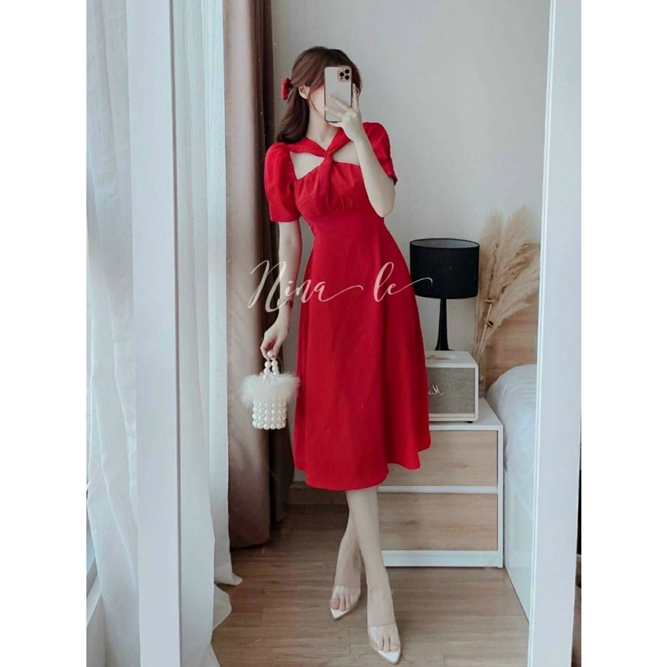 Đầm váy nữ cổ giả yếm tay ngắn ôm điệu đà nữ tính ( chất liệu lụa nhung ) mẫu phù hợp mọi phong cách