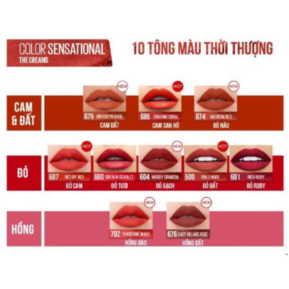 Son Lì Maybelline New York Mịn Môi Dưỡng Môi Color Sensational Creamy Matte 702 Tangerine Wave Hồng Đào 3.9g