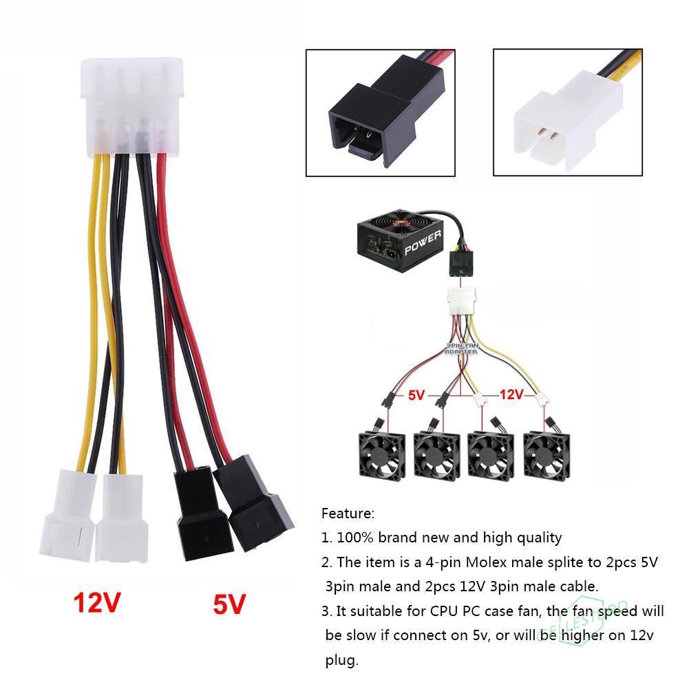 CS 2pcs 4-Pin Molex to 3-Pin fan Power Cable Adapter Connector 12v*2 / 5v*2