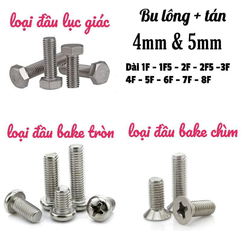 (Set 3 cặp) 3 Bu lông + 3 tán size 4mm & 5mm các cỡ