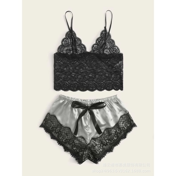 Bộ Đồ Ngủ Quần Lụa Áo Ren Gợi Cảm Quyến Rũ  [CWEAR.SEXY_ĐỒ NGỦ &amp; NỘI Y CAO CẤP]