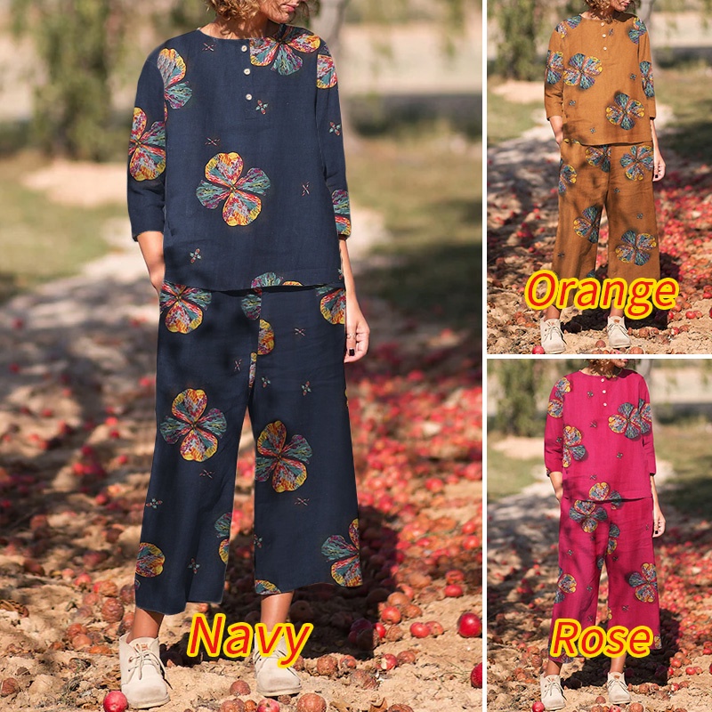 Set đồ ZANZEA cổ tròn tay 3/4 cài nsut lưng co giãn in họa tiết giản dị dành cho nữ