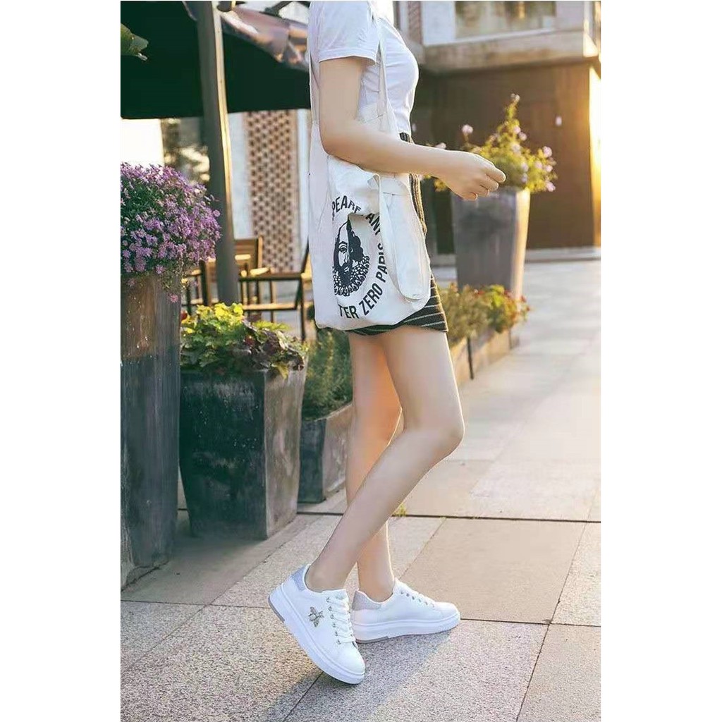 Sneaker Nữ Giày thể thao phong cách Hàn Quốc đế phẳng 3P đính nơ