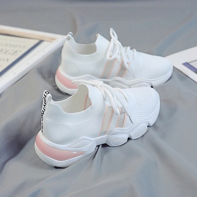 Giày thể thao lưới thoáng trắng hồng đen đế mềm êm