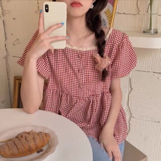 Áo thô baby doll kẻ caro cổ vuông viền ren mặc được hai mặt (kèm dây buộc tóc)🌸 Hàng Quảng Châu