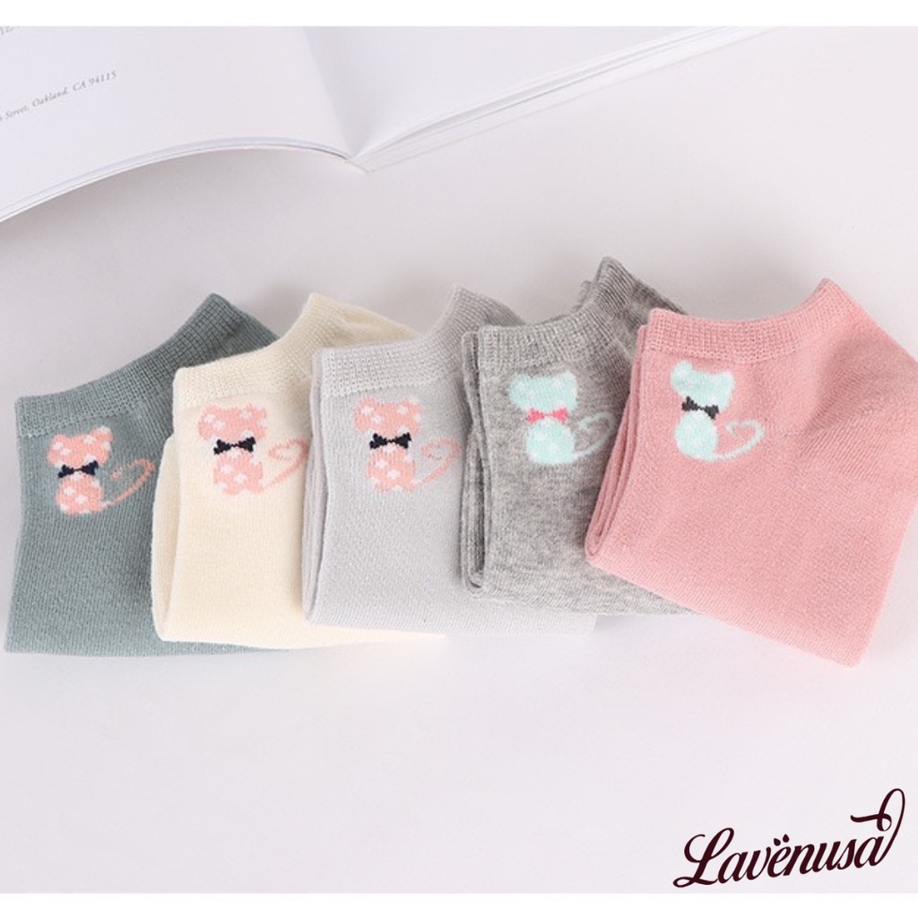 Tất vớ nữ cổ ngắn cao cấp hình mèo dễ thương chất cotton set 5 đôi LAVENUSA T32