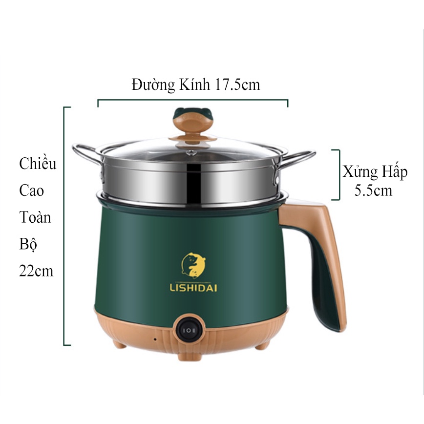 Nồi điện mini, Nồi lẩu chống dính 2 tầng đa năng tặng kèm khay hấp dung tích 1,8L