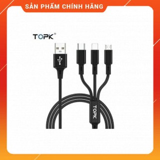 Dây cáp sạc TOPK AN20 nhiều cổng sạc USB, Micro USB, Type C, Lightning 3 trong 1 dài 1.2M