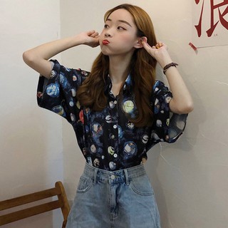 Áo Sơ Mi Dáng Rộng In Họa Tiết Vũ Trụ Độc Đáo Phong Cách Retro Cho Nữ