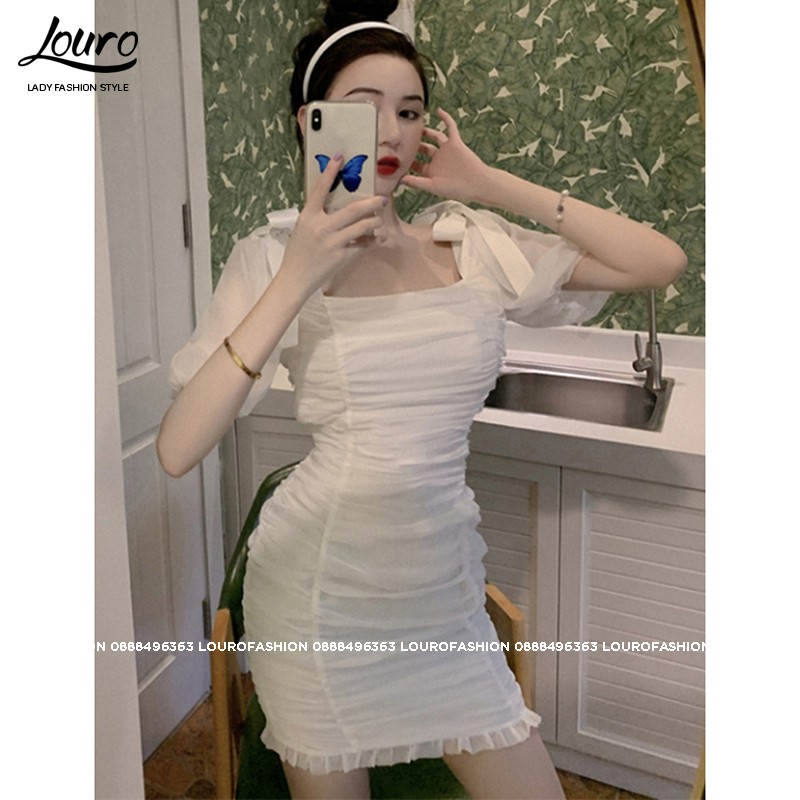Đầm body trắng cổ vuông tay phồng, mẫu đầm nhún eo che khuyết điểm hiệu quả, tôn dáng tôn da -L065 | BigBuy360 - bigbuy360.vn