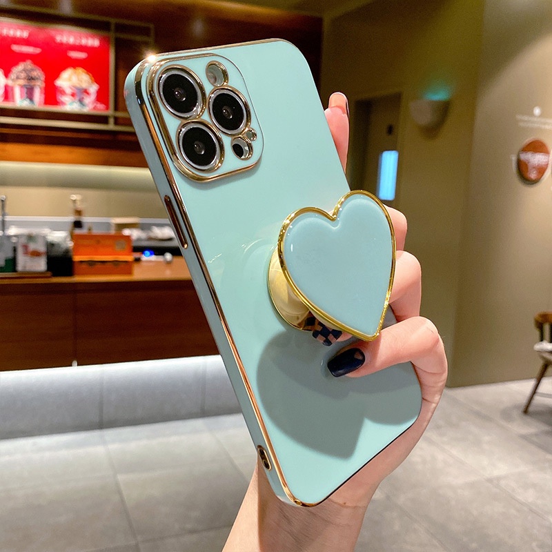 Ốp Điện Thoại Viền Vuông Mạ Điện Kèm Giá Đỡ Hình Trái Tim Cho IPhone 13 12 11 Pro Max XS Max XR X 8 7 Plus