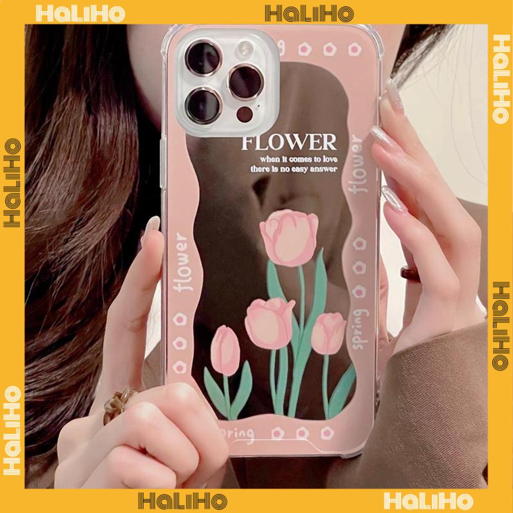 iPhone Case Acrylic HD Mirror Laser Airbag Shockproof Protection Camera Cute Pink Tulip Flower Compatible For iPhone 11 iPhone 13 Pro Max iPhone 12 Pro Max iPhone 7 Plus iPhone xr