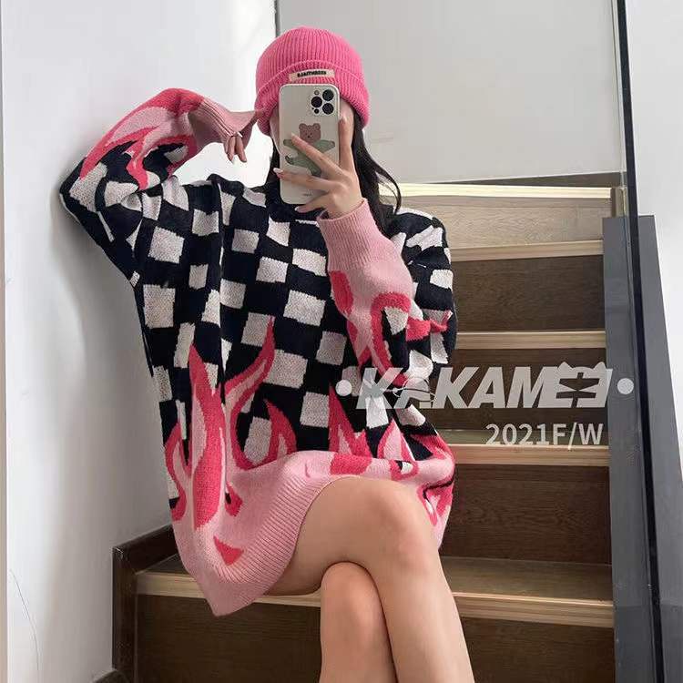 Áo sweater Dệt Kim Dáng Rộng In Hình Ngọn Lửa Phong Cách Hàn Quốc Thời Trang Thu Đông Cho Học Sinh