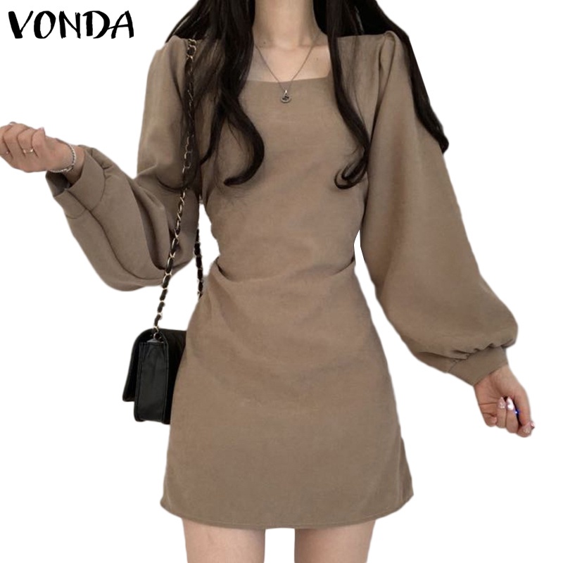 Đầm ngắn VONDA dáng suông tay dài cổ vuông màu trơn phong cách Hàn Quốc đơn giản cho nữ