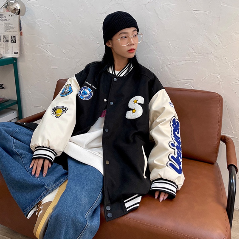 Áo Khoác Bóng Chày Unisex Dáng Rộng Thêu Chữ Phong Cách Hip hop Hàng Mới