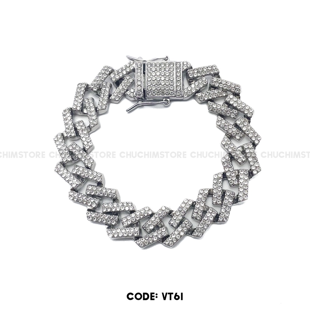 Vòng Tay Cuban Mắt Xích Đính Đá Hiphop - THÉP KHÔNG GỈ - VT019