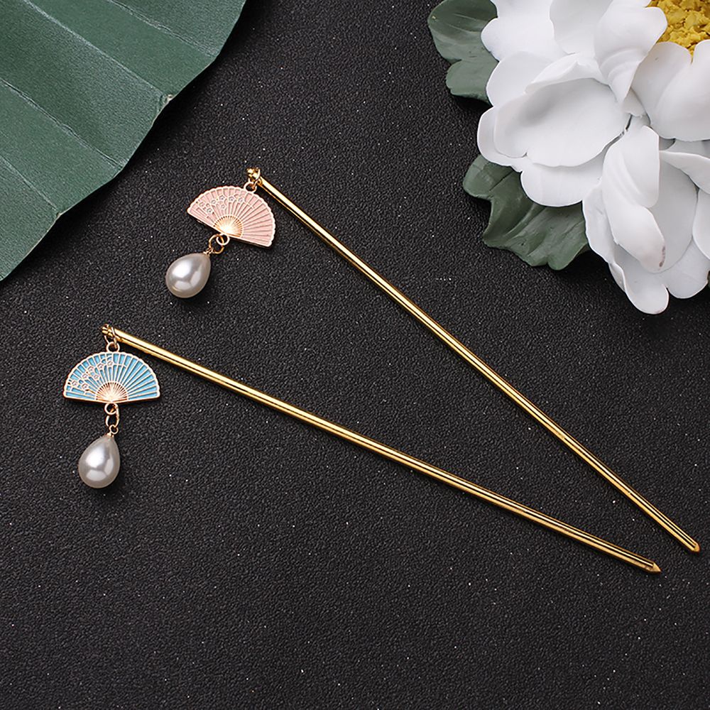 Trâm cài tóc hợp kim hình quạt đính ngọc trai nhân tạo phong cách Trung Hoa cổ điển cho nữ