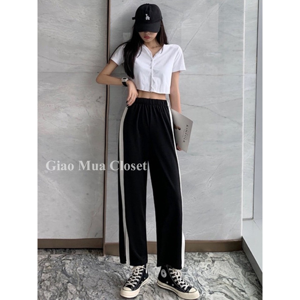 quần ống rộng suông lưng cao 1 sọc xẻ gấu cá tính