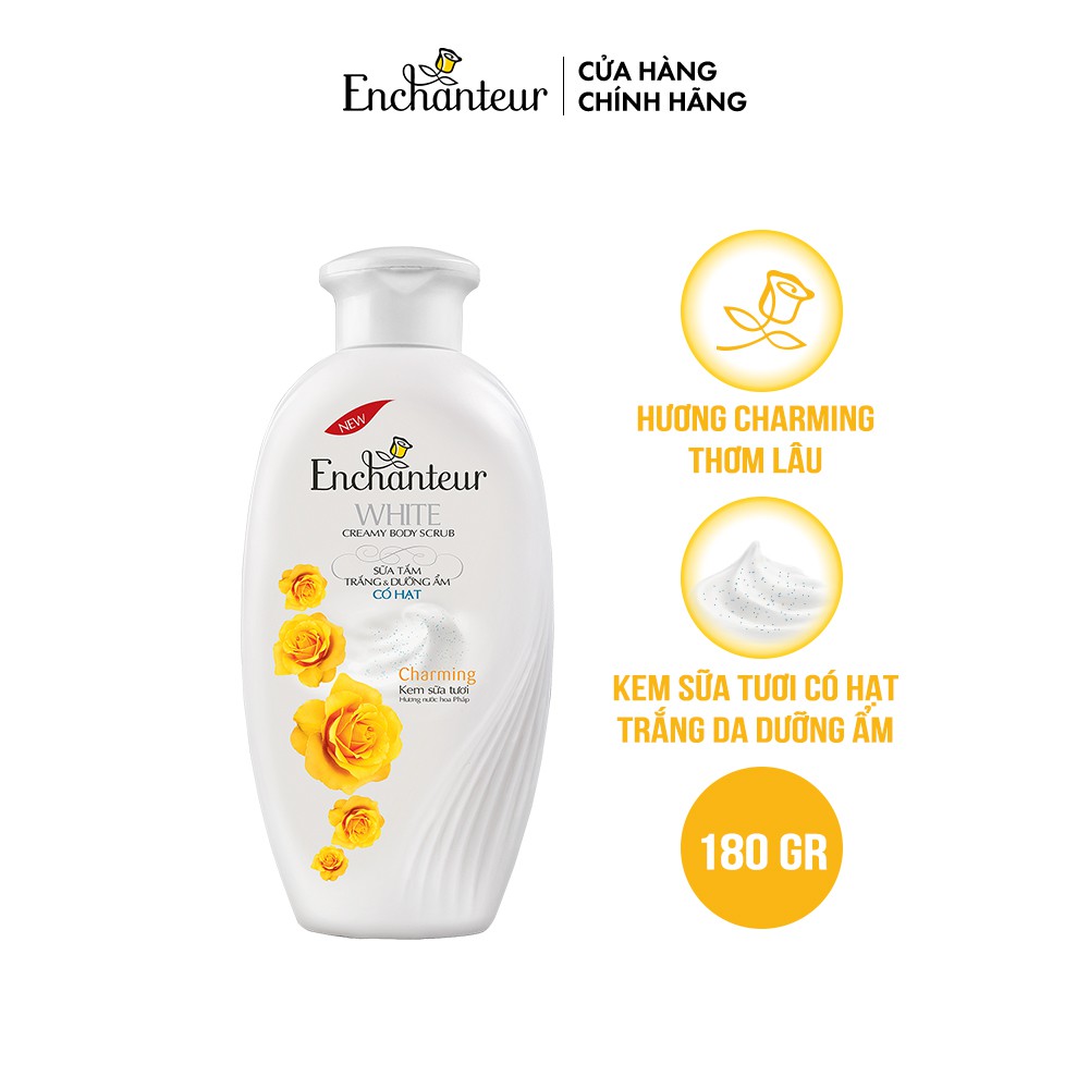 Sữa tắm trắng và dưỡng ẩm có hạt Enchanteur Charming white creamy body scrub 180gr